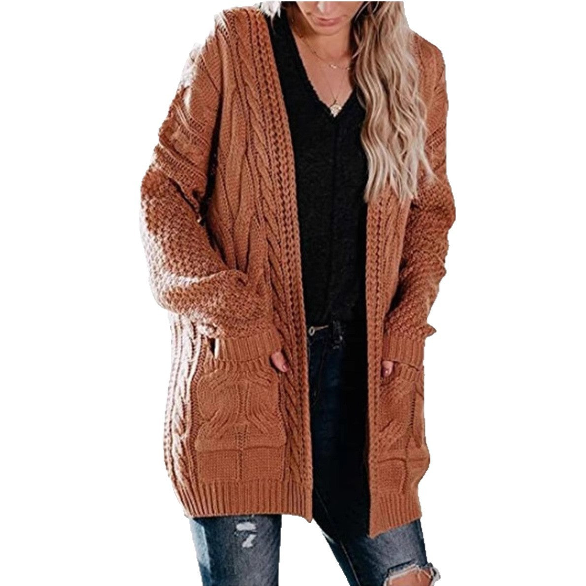 Women's Mid-length Twist Pocket Knitted Cardigan Sweater