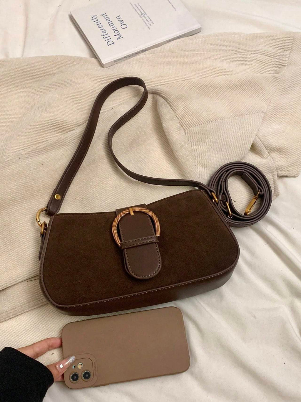 Women Retro Solid Color Dual Strap Suede Shoulder Crossbody Saddle Bag, Autumn And Winter Hot Women Bag, Suede Purse, Newest Fashionable Suede Bag For Women