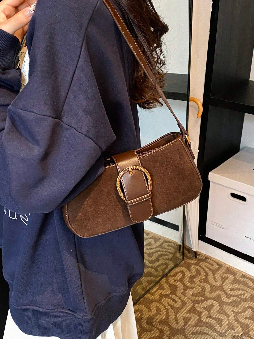 Women Retro Solid Color Dual Strap Suede Shoulder Crossbody Saddle Bag, Autumn And Winter Hot Women Bag, Suede Purse, Newest Fashionable Suede Bag For Women