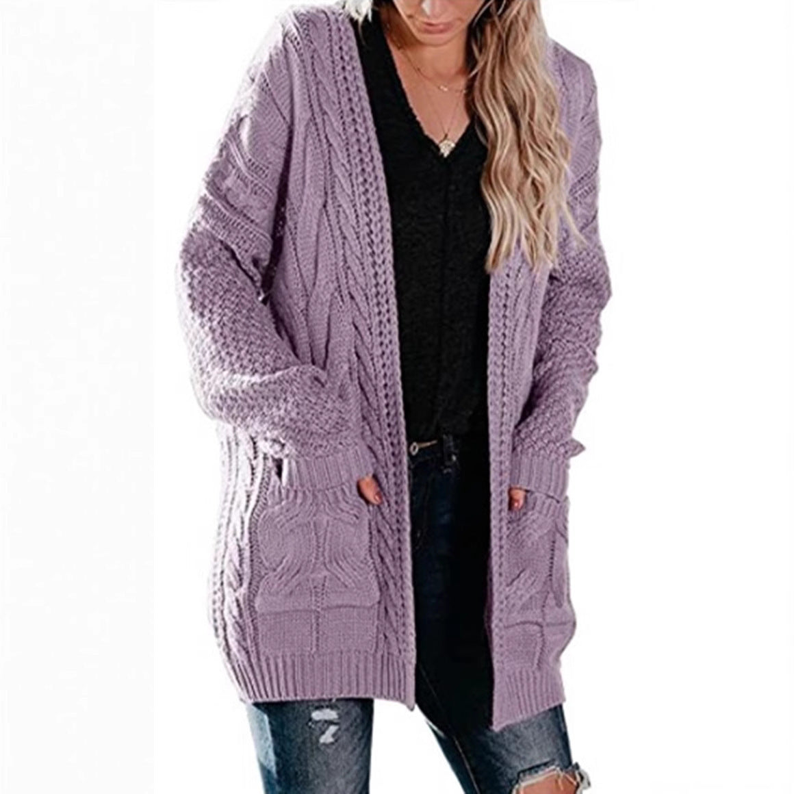 Women's Mid-length Twist Pocket Knitted Cardigan Sweater