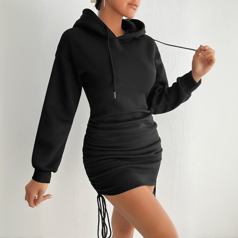 Women's Sexy Solid Color Long Sleeve Bodycon Dress With Drawstring Detail Spring Summer Fashion Fitted Hoodie Mini Dress