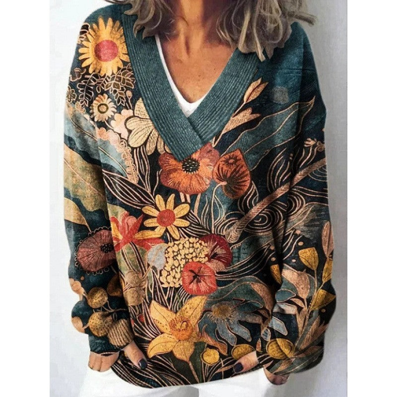 Women's 3D Digital Floral Print Long Sleeve Pullover