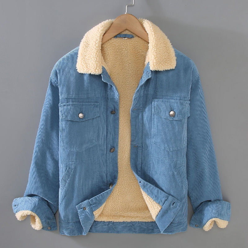 Men's Corduroy Workwear American Retro Lapels Jacket Heavy Imitation Lamb Wool Thickened Cotton-padded Coat