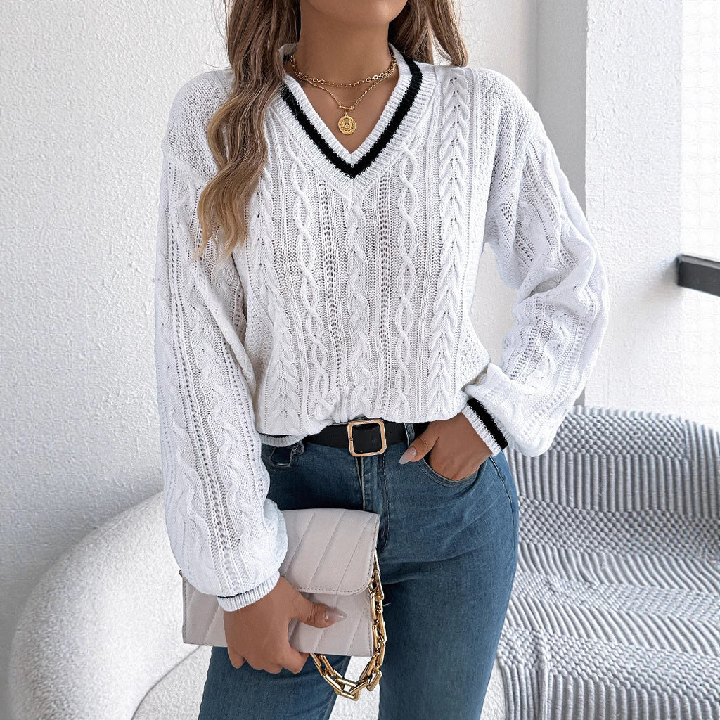 Color-block V Neck Twist Lantern Long Sleeve Sweater