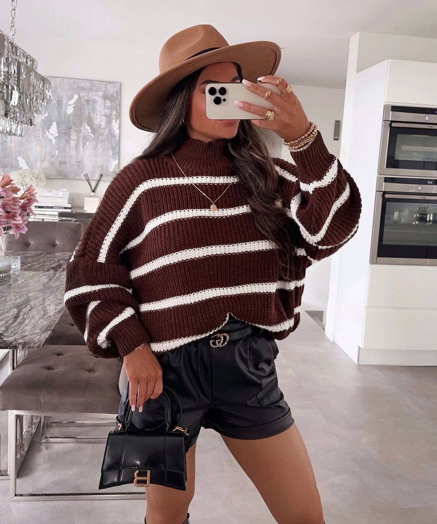 Loose Striped Mock-neck Contrast Color Knitwear Pullover Sweater