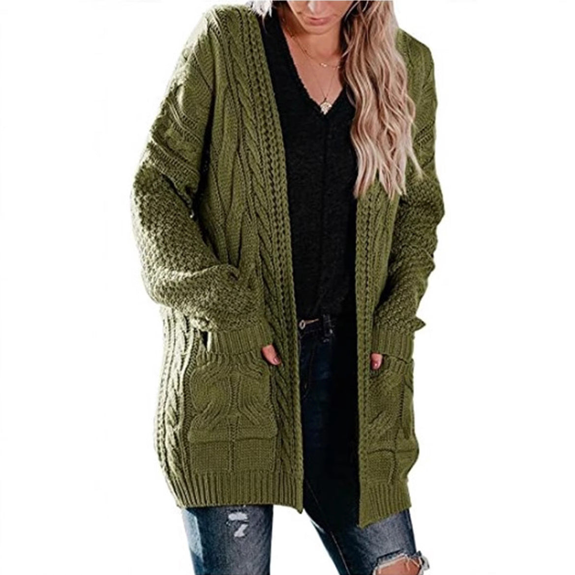 Women's Mid-length Twist Pocket Knitted Cardigan Sweater
