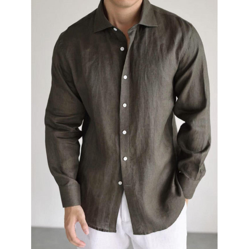 Cotton Linen Blended Yarn-dyed Long-sleeved Casual Business Style Solid Color Shirt