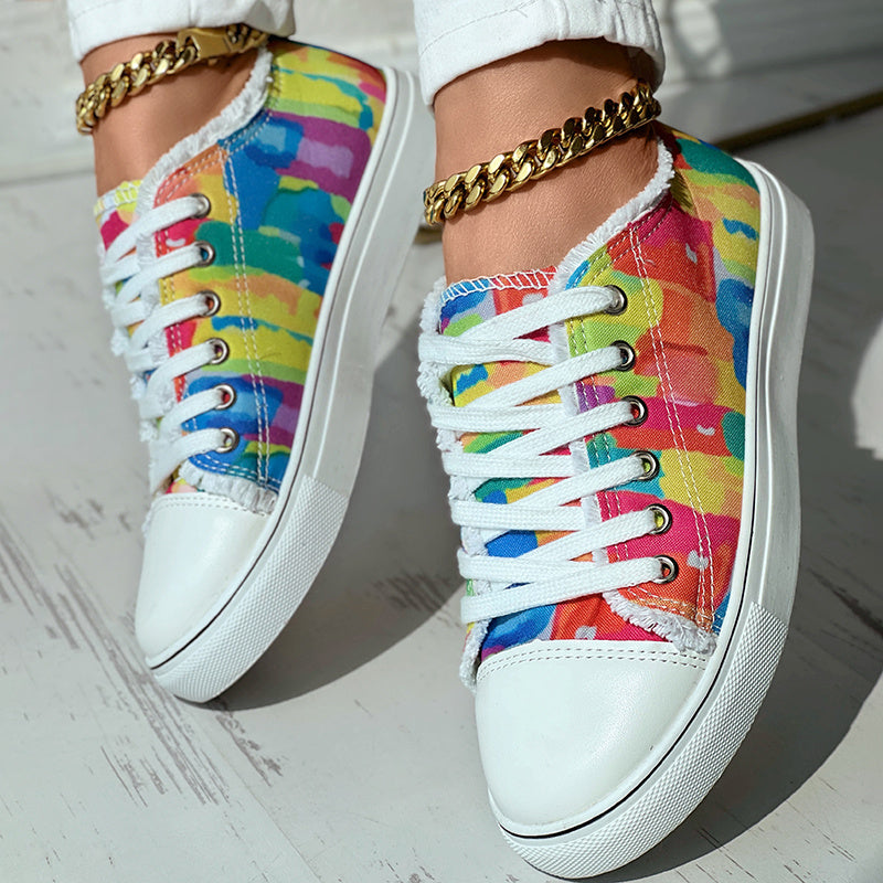 Melt Color Printed Tassel Hem Canvas Sneakers - Anklet Not Included