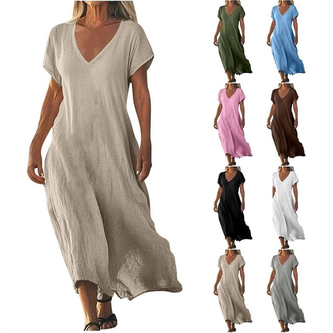 Loose Solid Color And V-neck Cotton And Linen Dress