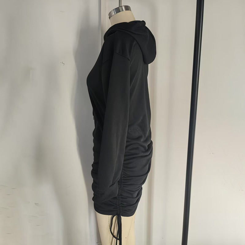 Women's Sexy Solid Color Long Sleeve Bodycon Dress With Drawstring Detail Spring Summer Fashion Fitted Hoodie Mini Dress