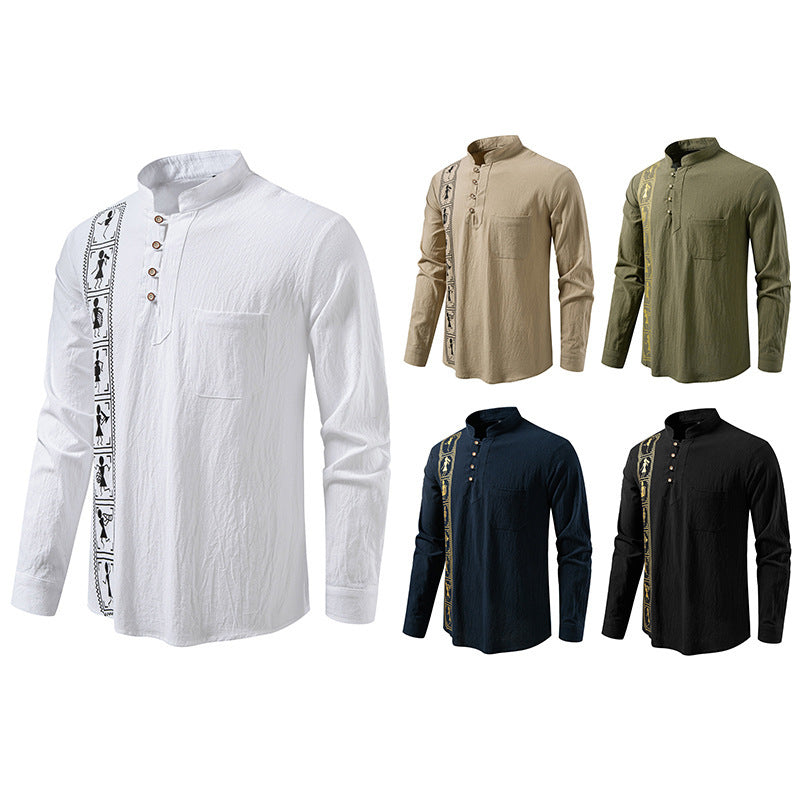 Printed Men's European Size Solid Color Cotton And Linen Shirt