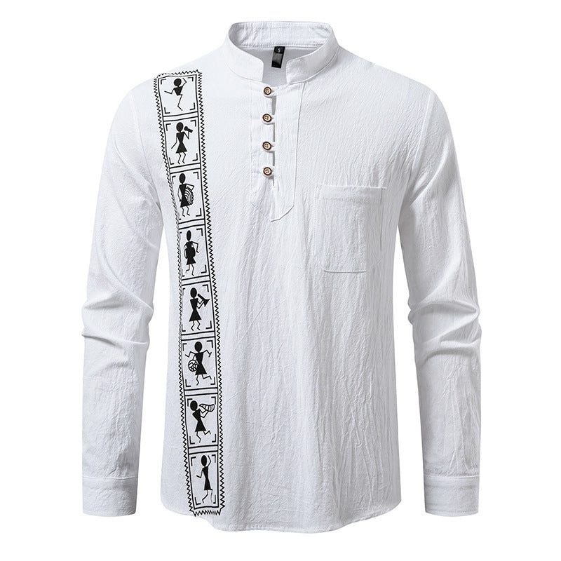 Printed Men's European Size Solid Color Cotton And Linen Shirt