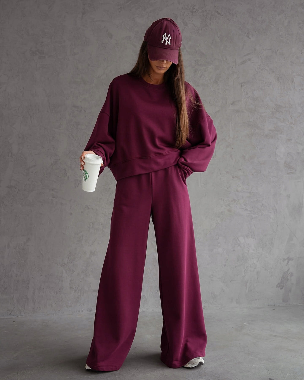 Autumn And Winter Round Neck Long Sleeve Wide Leg Pants Two-piece Set