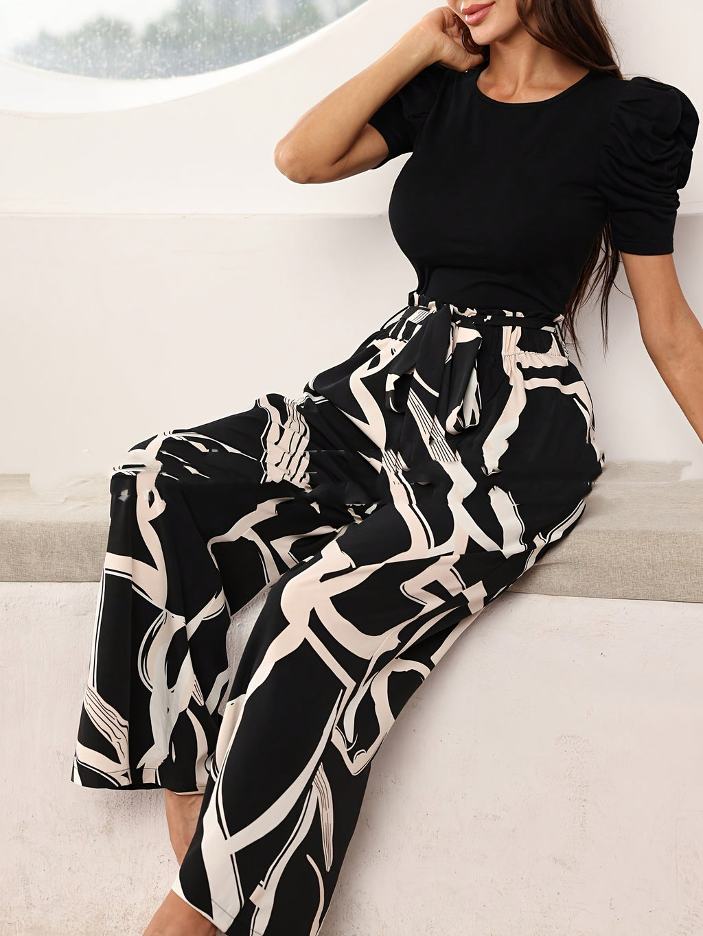 Fashion Jacquard Short-sleeved Top Printed Casual Wide-leg Pants Two-piece Set