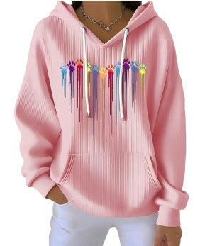 Striped Fabric Digital Printed Hooded Long Sleeve Women's Sweater