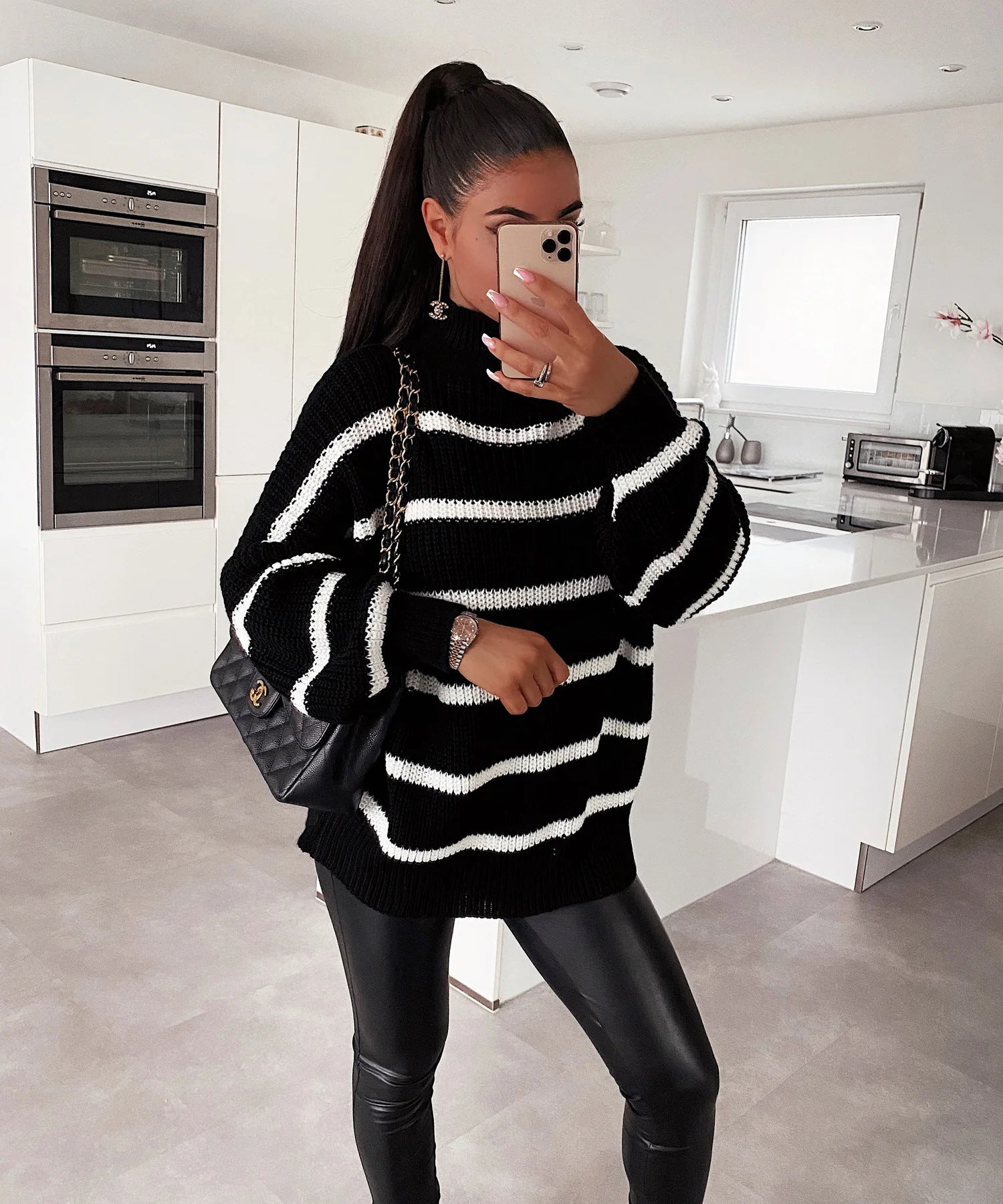 Loose Striped Mock-neck Contrast Color Knitwear Pullover Sweater