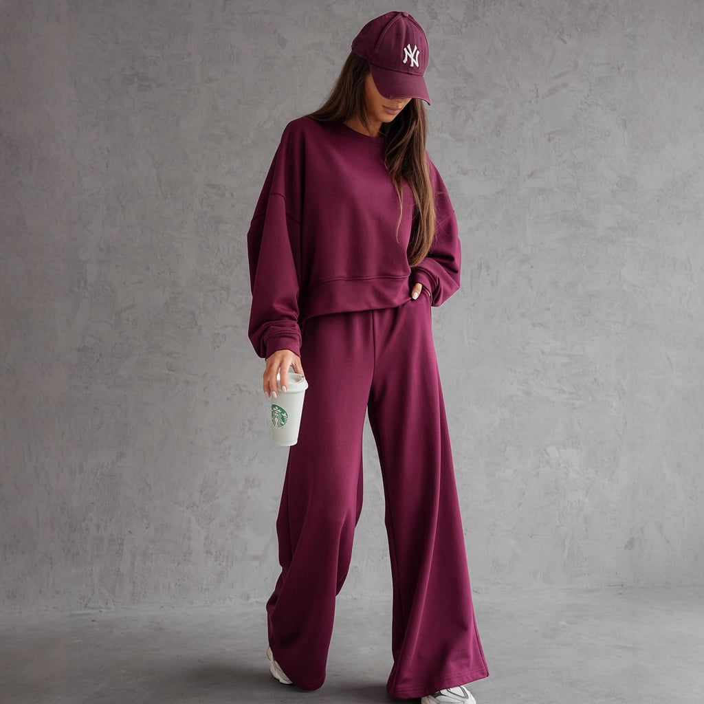 Autumn And Winter Round Neck Long Sleeve Wide Leg Pants Two-piece Set