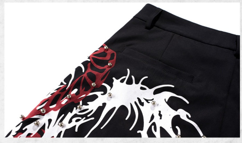 Rivet Snake-shaped Backbone Printed Black Suit Pants