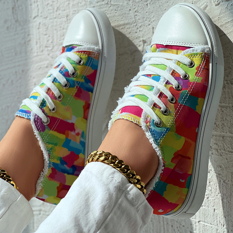 Melt Color Printed Tassel Hem Canvas Sneakers - Anklet Not Included