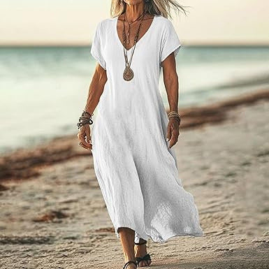 Loose Solid Color And V-neck Cotton And Linen Dress