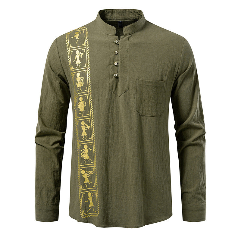 Printed Men's European Size Solid Color Cotton And Linen Shirt