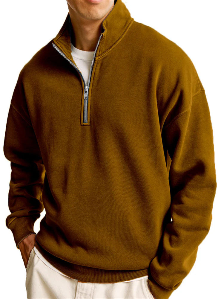 Men's Casual Half Zipped Stand Collar Long-sleeved Sweater
