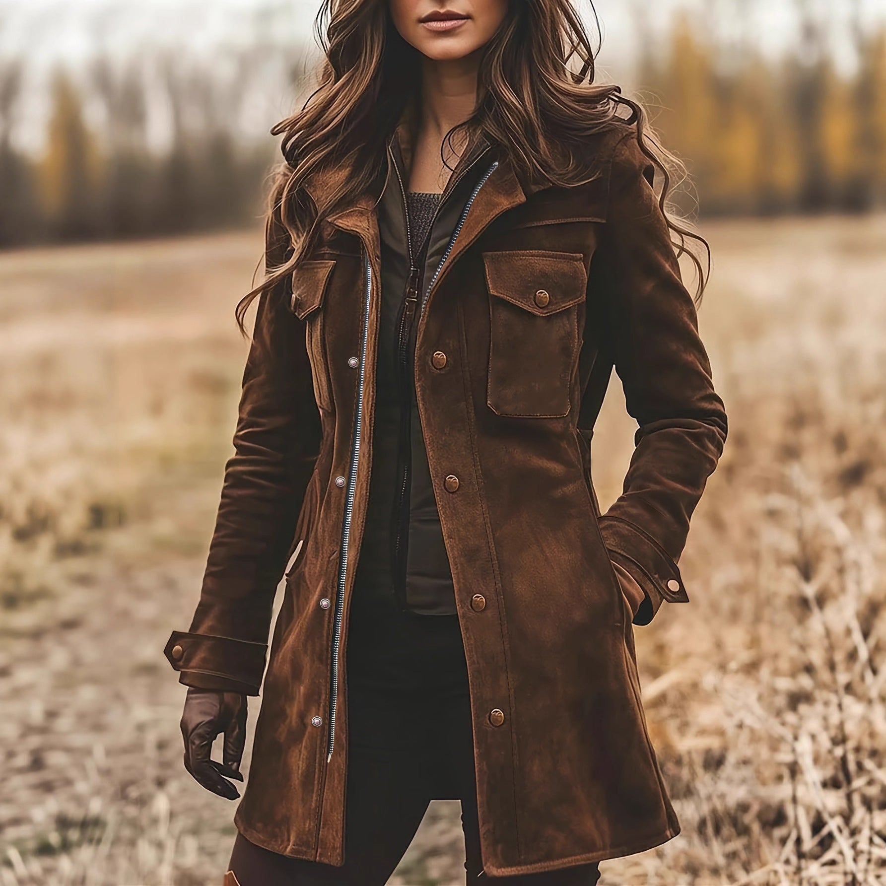 Women's Retro Lapels Brown Suede Casual Jacket