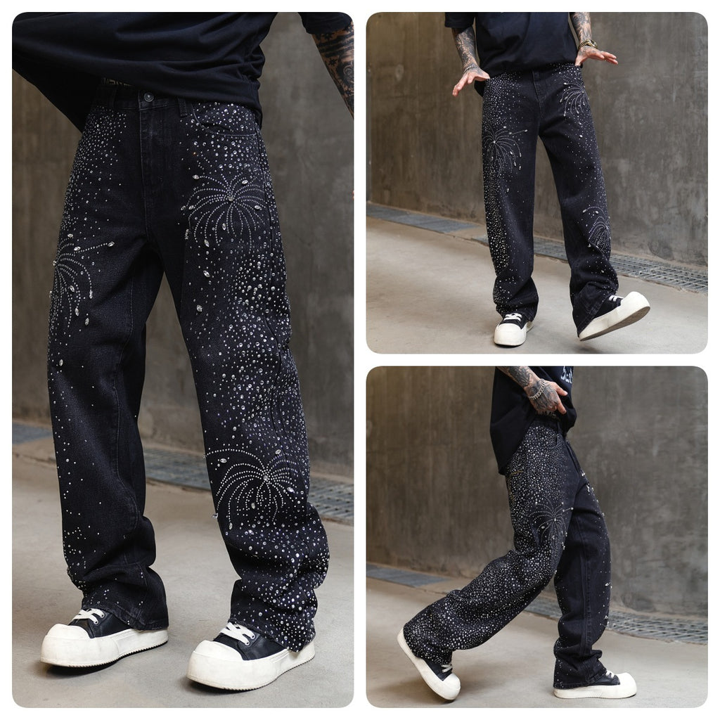 Men's High Street Washed Straight Full Diamond Design Jeans