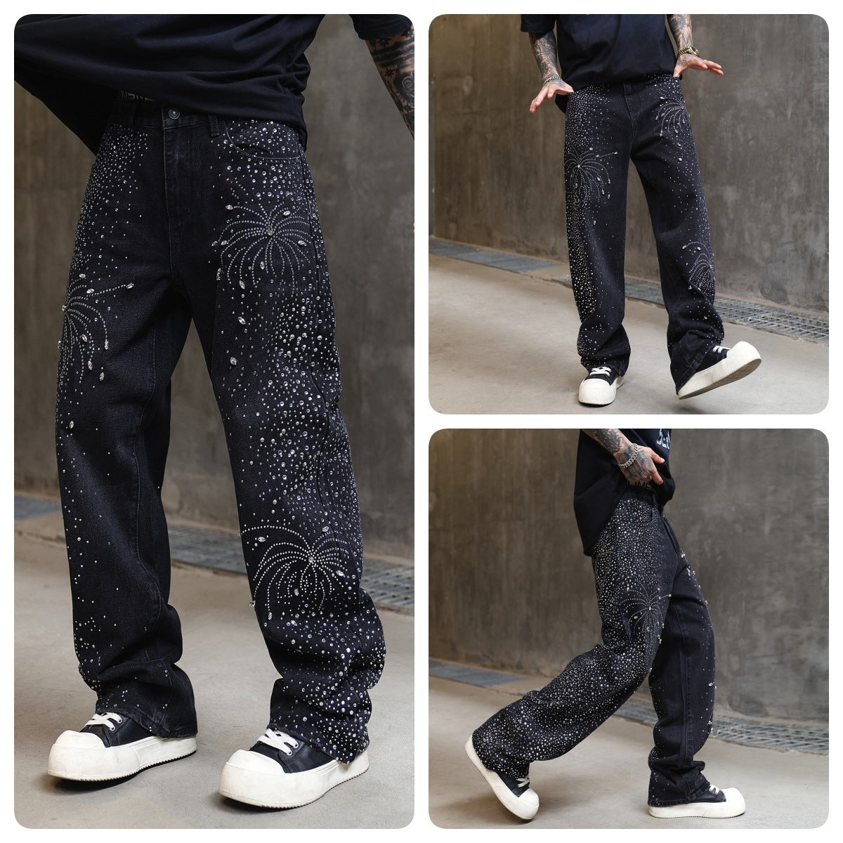 Men's High Street Washed Straight Full Diamond Design Jeans