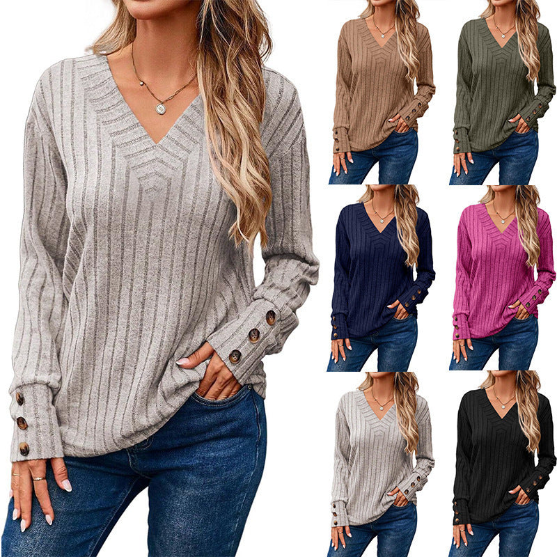 Women's Long-sleeved Blouse Solid Color Buttons T-shirt