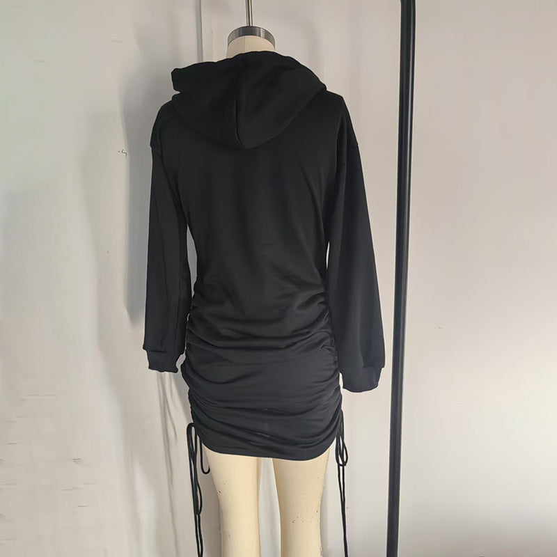 Women's Sexy Solid Color Long Sleeve Bodycon Dress With Drawstring Detail Spring Summer Fashion Fitted Hoodie Mini Dress