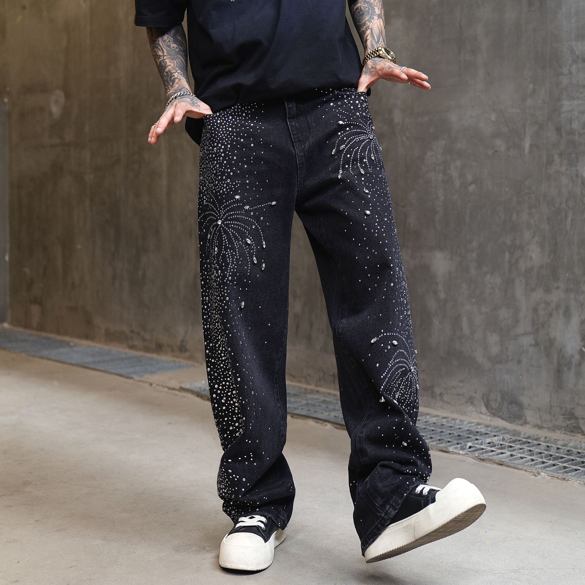 Men's High Street Washed Straight Full Diamond Design Jeans