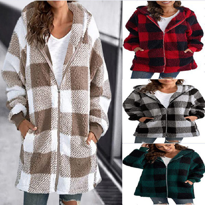 Women's Plaid Hooded Jacket, Long Sleeve Zip Up Oversized Coat With Pockets For Winter Casual And Commute