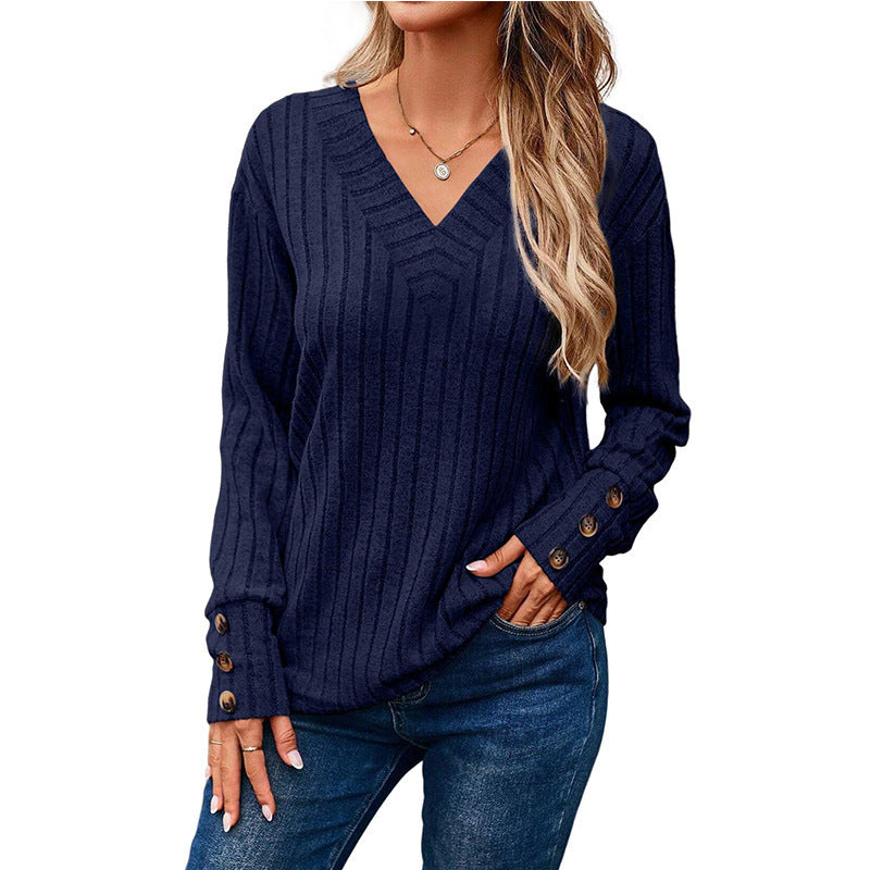 Women's Long-sleeved Blouse Solid Color Buttons T-shirt