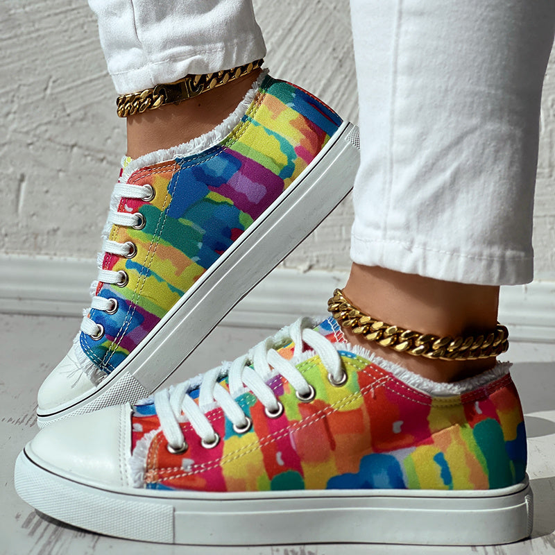 Melt Color Printed Tassel Hem Canvas Sneakers - Anklet Not Included