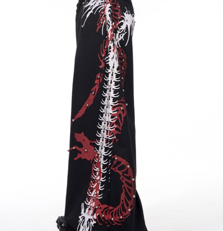 Rivet Snake-shaped Backbone Printed Black Suit Pants