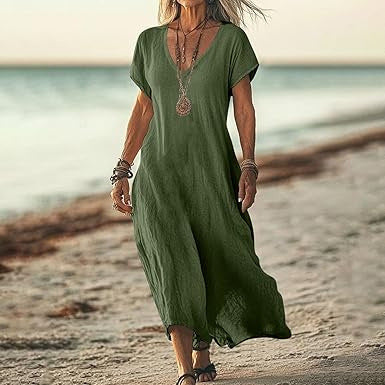 Loose Solid Color And V-neck Cotton And Linen Dress