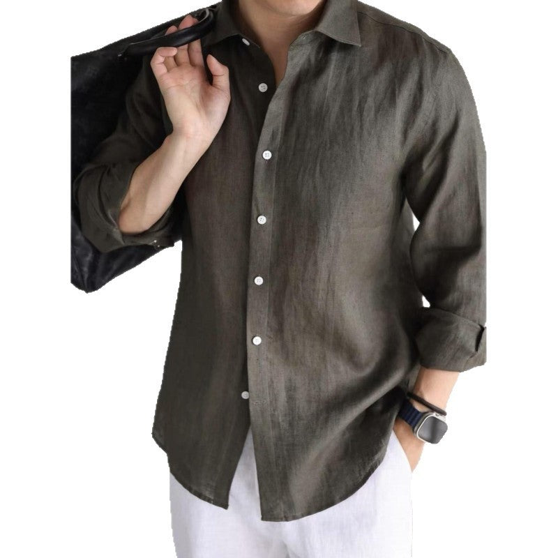 Cotton Linen Blended Yarn-dyed Long-sleeved Casual Business Style Solid Color Shirt