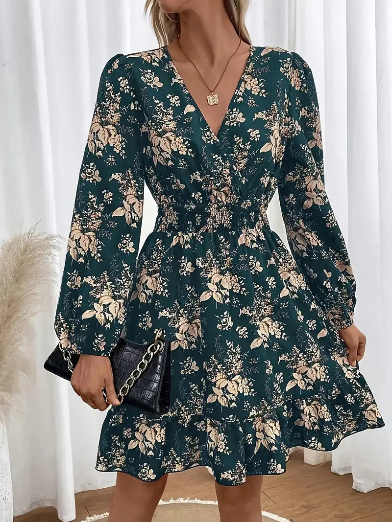 Spring And Summer V-neck Printed Floral Long-sleeve Dress With A Cinched Waist, Elegant Women's Wear.