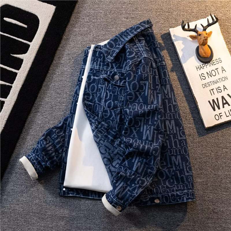 American Retro Heavy Printed Presbyopic Letter Denim Jacket