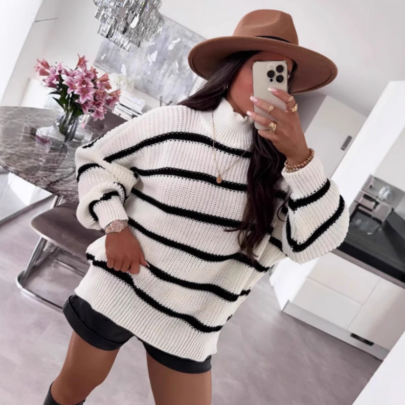 Loose Striped Mock-neck Contrast Color Knitwear Pullover Sweater