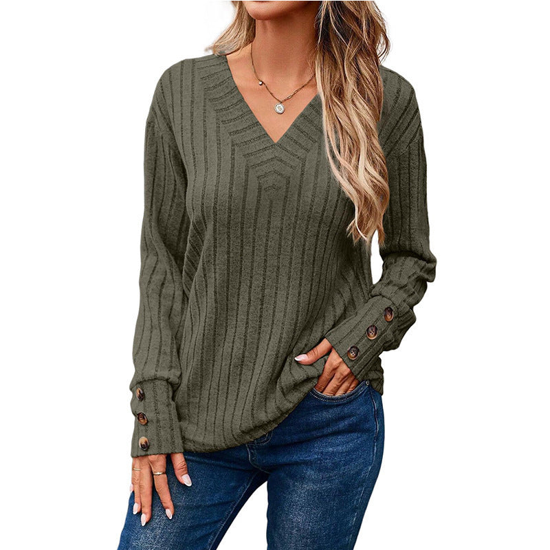 Women's Long-sleeved Blouse Solid Color Buttons T-shirt