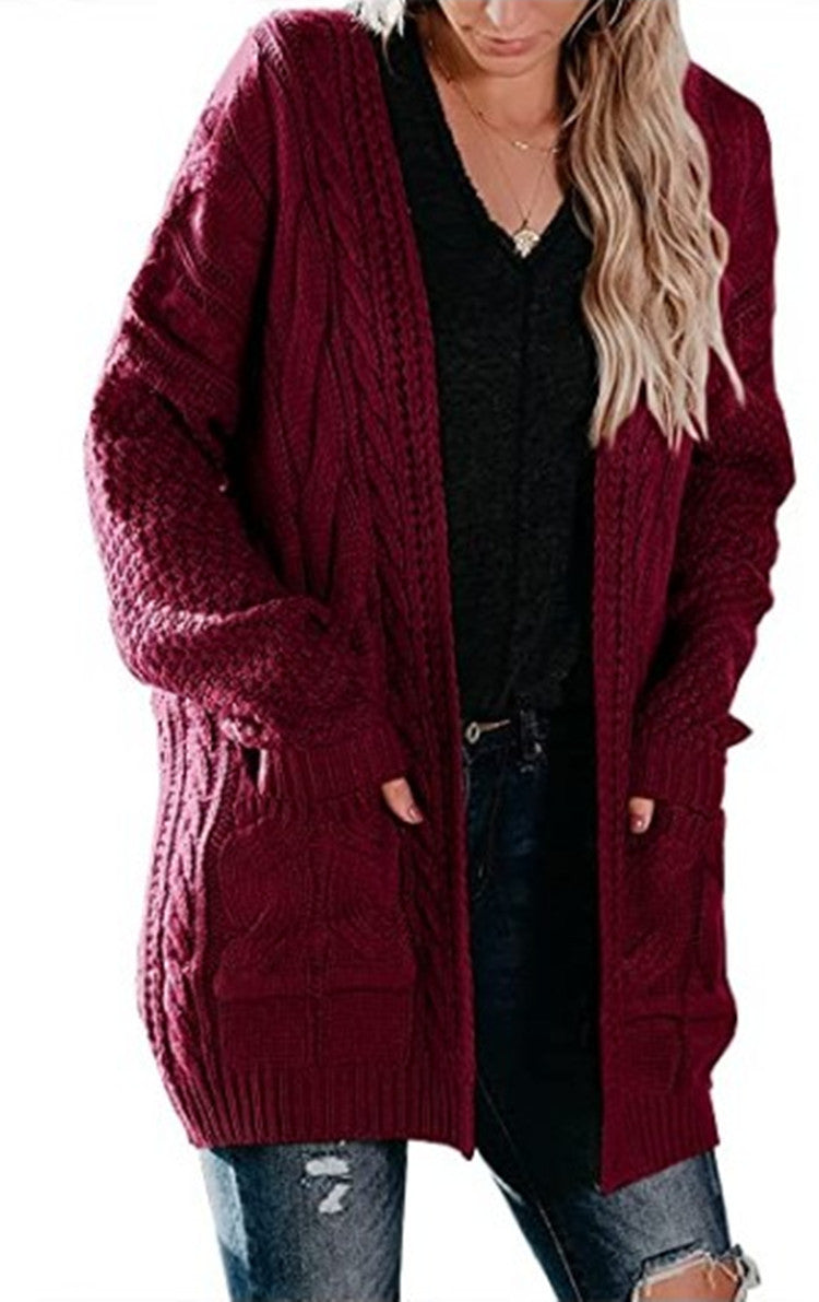Women's Mid-length Twist Pocket Knitted Cardigan Sweater