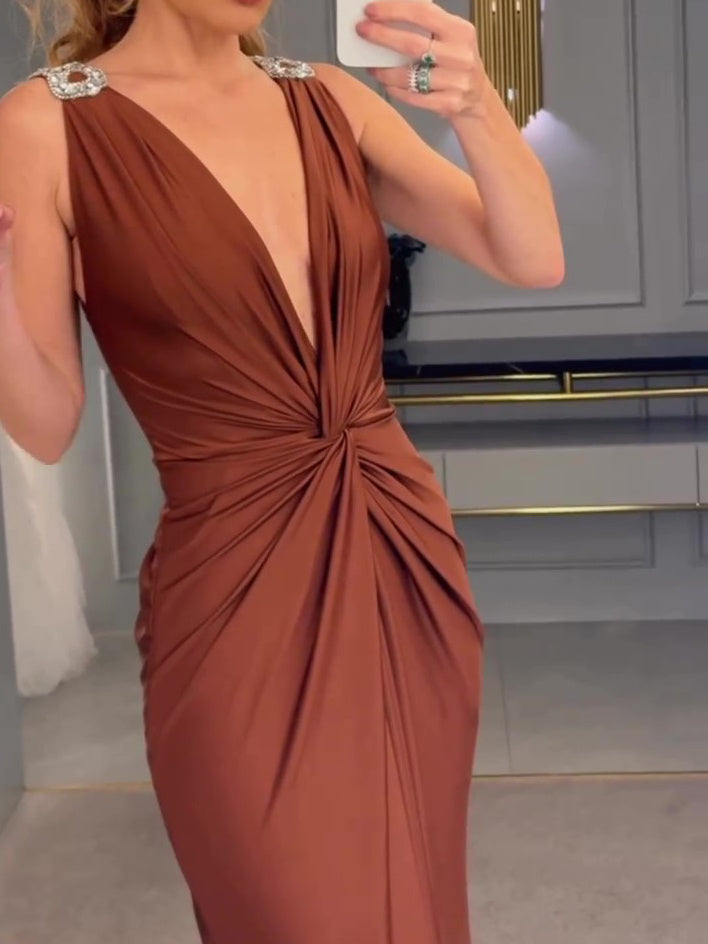 Elegant Draped Deep V - Neck Evening Dress