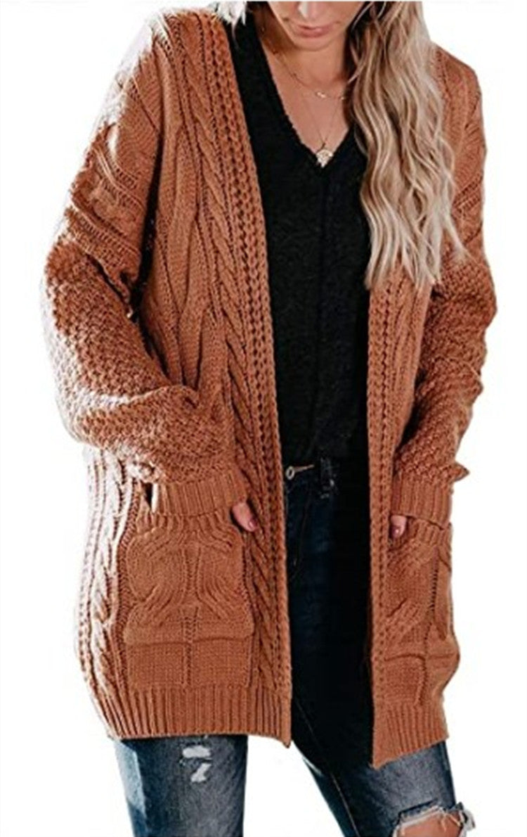 Women's Mid-length Twist Pocket Knitted Cardigan Sweater