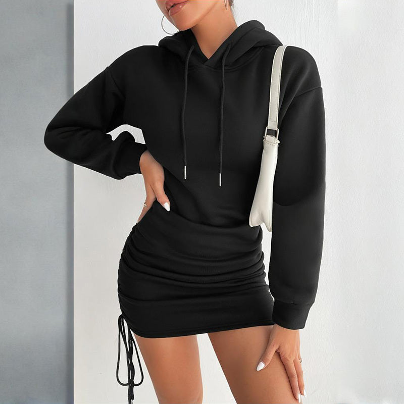 Women's Sexy Solid Color Long Sleeve Bodycon Dress With Drawstring Detail Spring Summer Fashion Fitted Hoodie Mini Dress