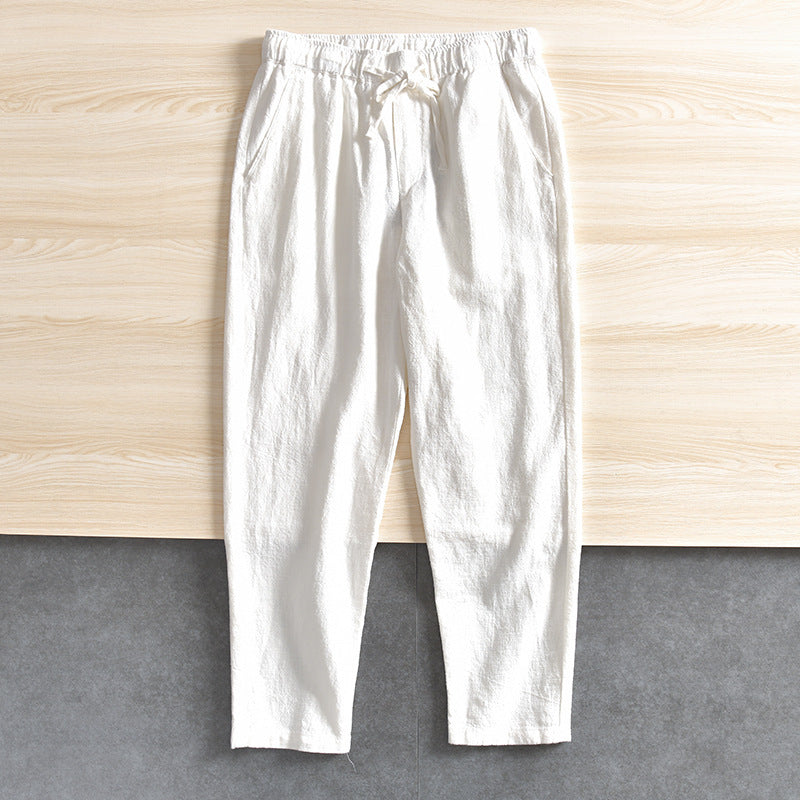 Summer Breathable Cotton Linen Elastic-waist Straight Casual Trousers