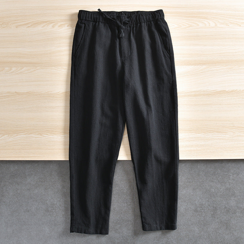 Summer Breathable Cotton Linen Elastic-waist Straight Casual Trousers