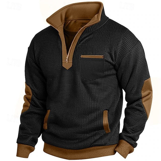Men's Waffle Contrast Color Pocket Zipped Stand Collar Sweatshirt