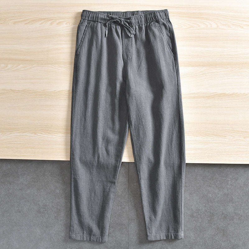 Summer Breathable Cotton Linen Elastic-waist Straight Casual Trousers